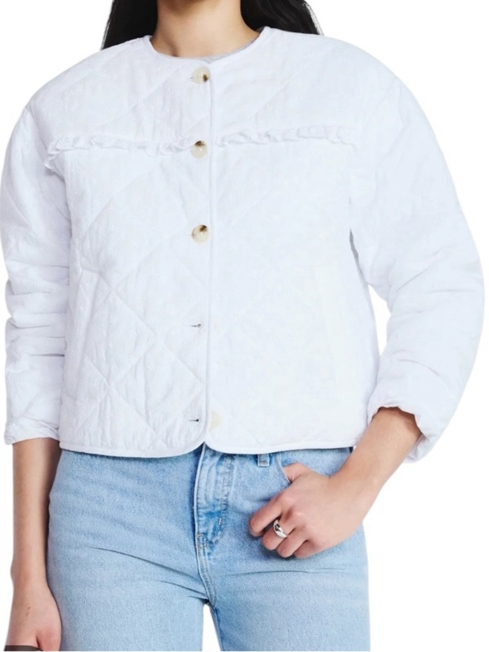 Scoop White Cottagecore Quilted 100% Cotton Eyelet Puff Sleeve Jacket Large NWT
